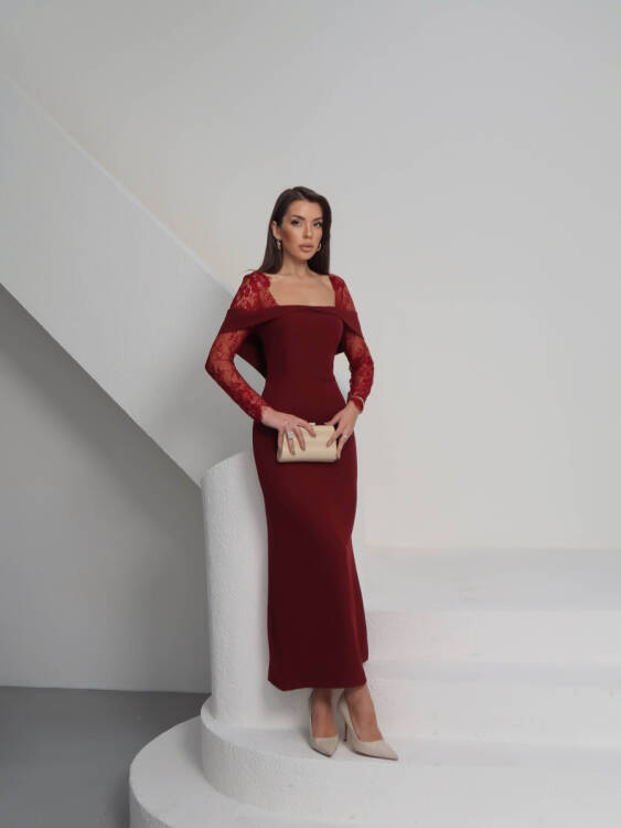 Sandrine Tül Kol Maxi Elbise - Bordo - 7