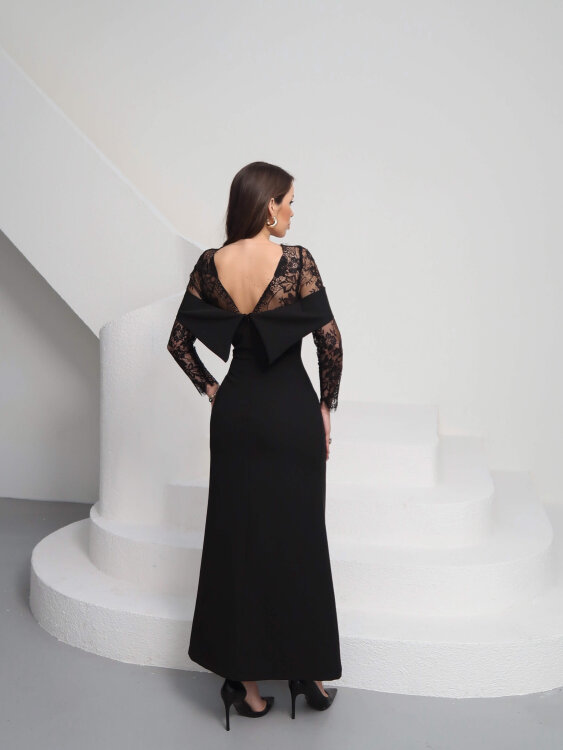 Sandrine Tül Kol Maxi Elbise - Siyah - 2