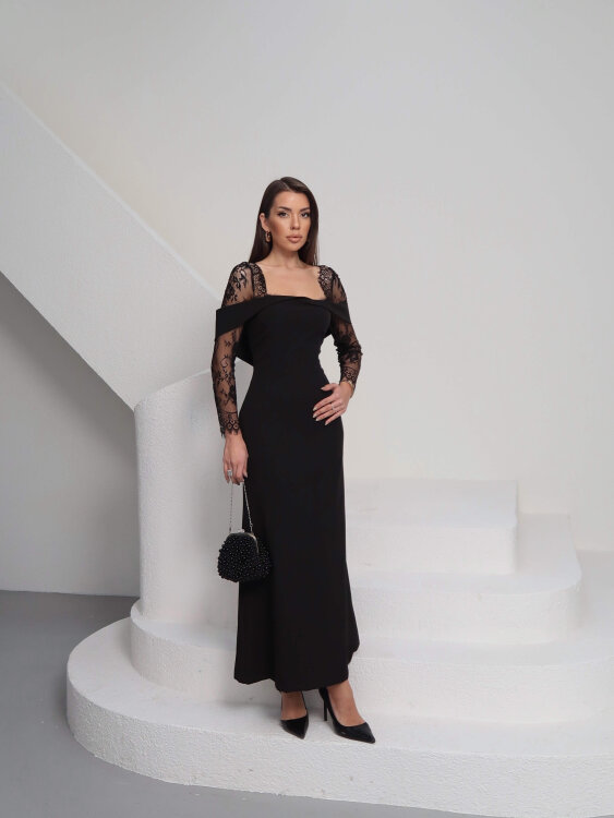 Sandrine Tül Kol Maxi Elbise - Siyah - 1