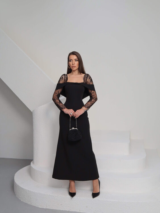 Sandrine Tül Kol Maxi Elbise - Siyah - 3