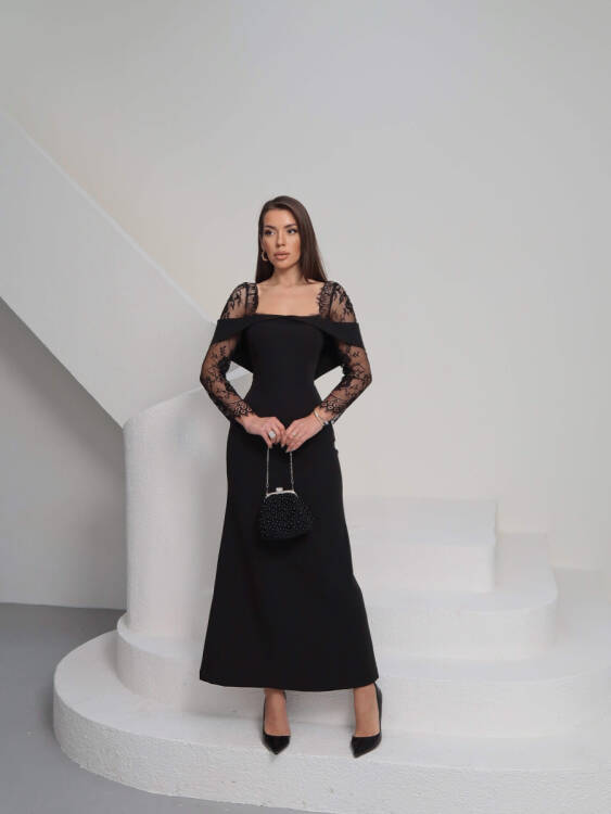 Sandrine Tül Kol Maxi Elbise - Siyah - 3