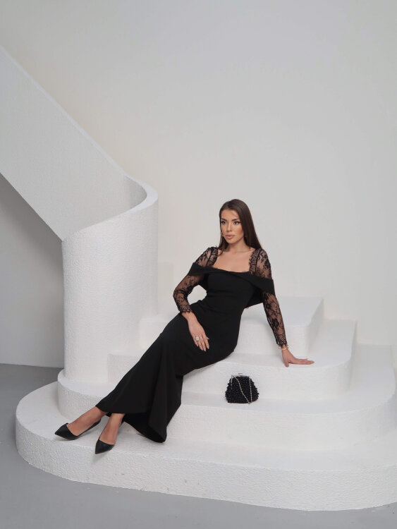 Sandrine Tül Kol Maxi Elbise - Siyah - 4