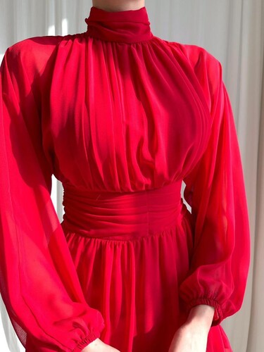 Şifon Drapeli Elbise - Kırmızı - Thumbnail