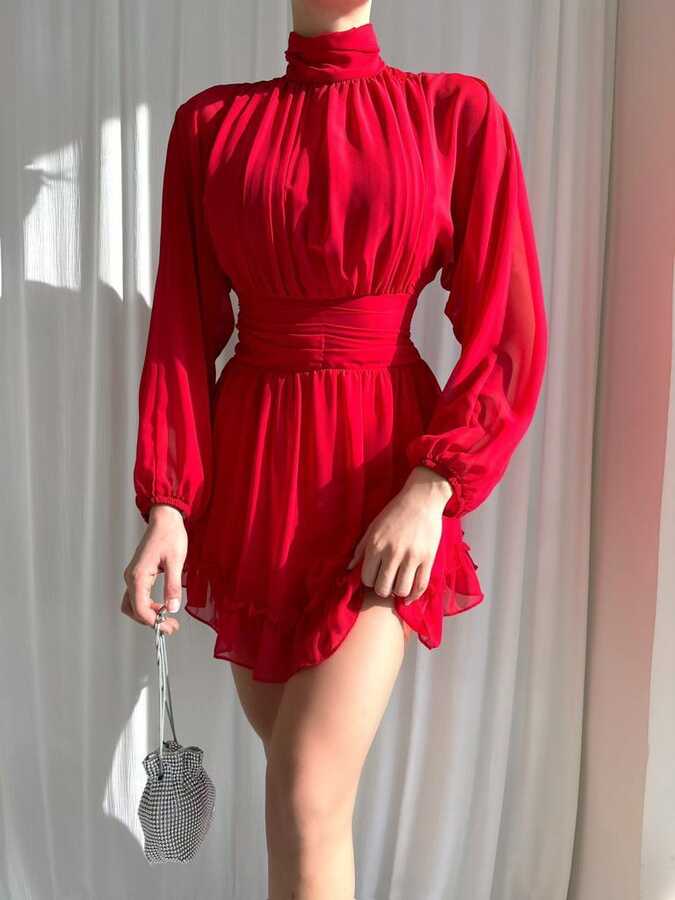 Şifon Drapeli Elbise - Kırmızı