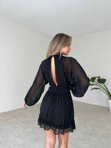 Şifon Drapeli Elbise - Siyah
