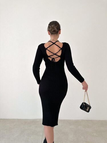 Sırt Detay Triko Elbise- Siyah - Thumbnail