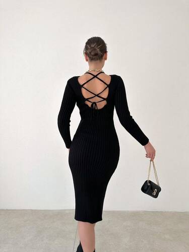 Sırt Detay Triko Elbise- Siyah