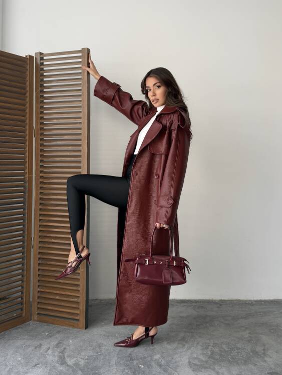 Sugaro Desenli Deri Kaban - Bordo - 6