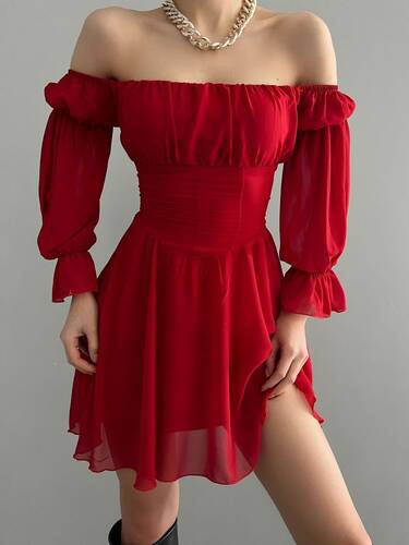 Susan Şifon Elbise - Kırmızı