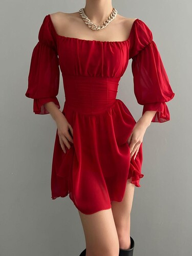 Susan Şifon Elbise - Kırmızı - Thumbnail