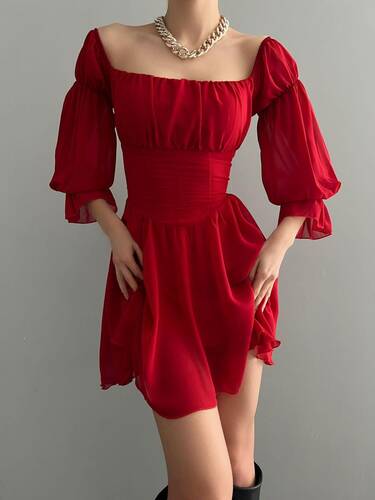 Susan Şifon Elbise - Kırmızı