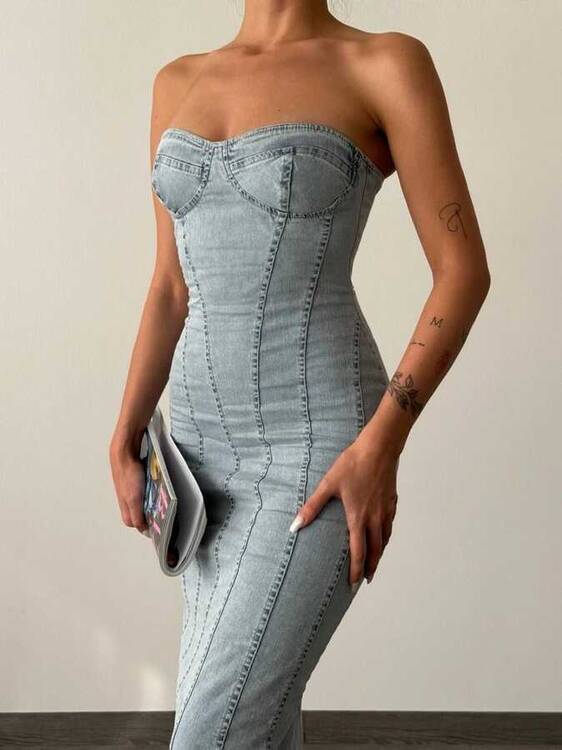 Tetra Denim Elbise- Açık Mavi - 2