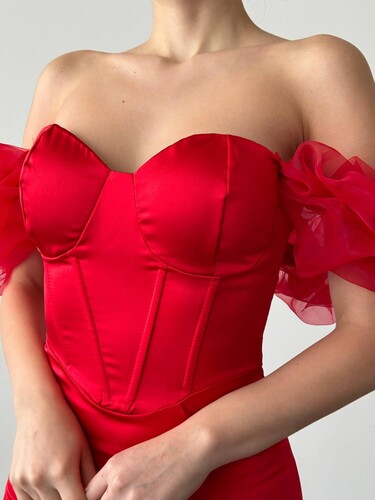 Wena Asetat Elbise- Kırmızı - Thumbnail
