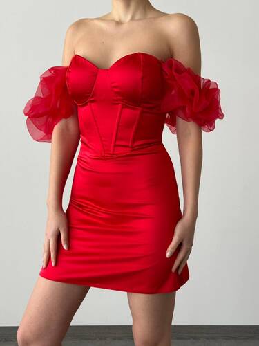 Wena Asetat Elbise- Kırmızı