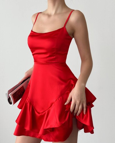 Wersi Asetat Elbise- Kırmızı - Thumbnail