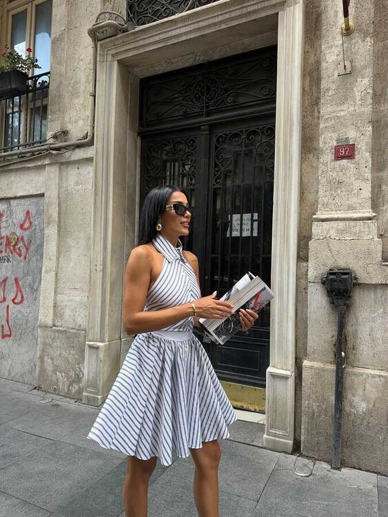 Yulia Çizgili Elbise- Beyaz - 3