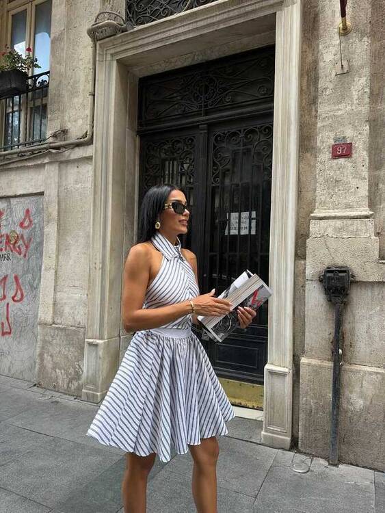 Yulia Çizgili Elbise- Beyaz - 3