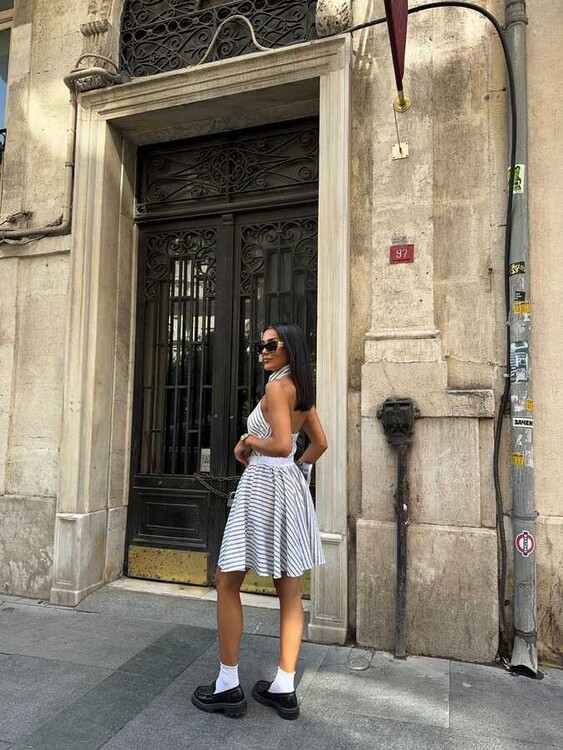 Yulia Çizgili Elbise- Beyaz - 2