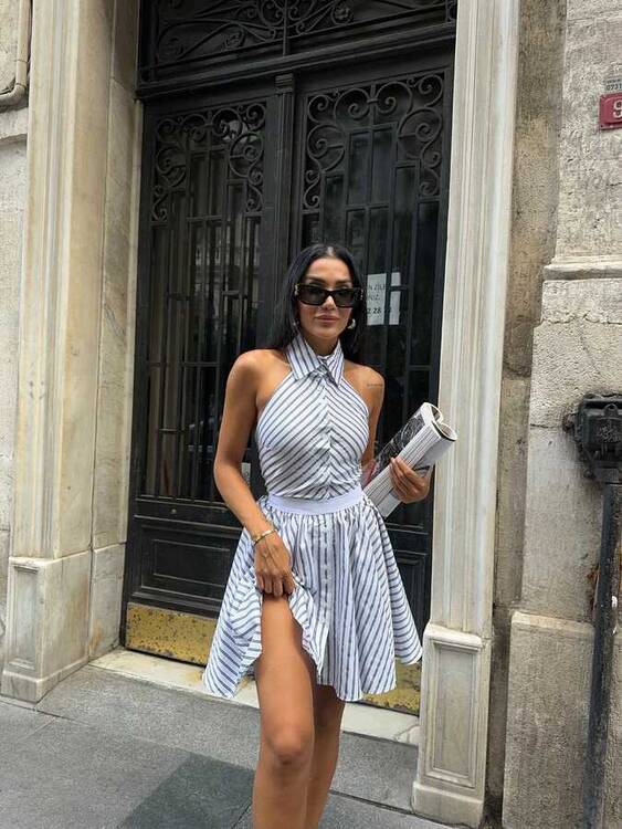 Yulia Çizgili Elbise- Beyaz - 1
