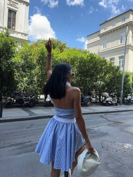 Yulia Çizgili Elbise- Mavi - 2
