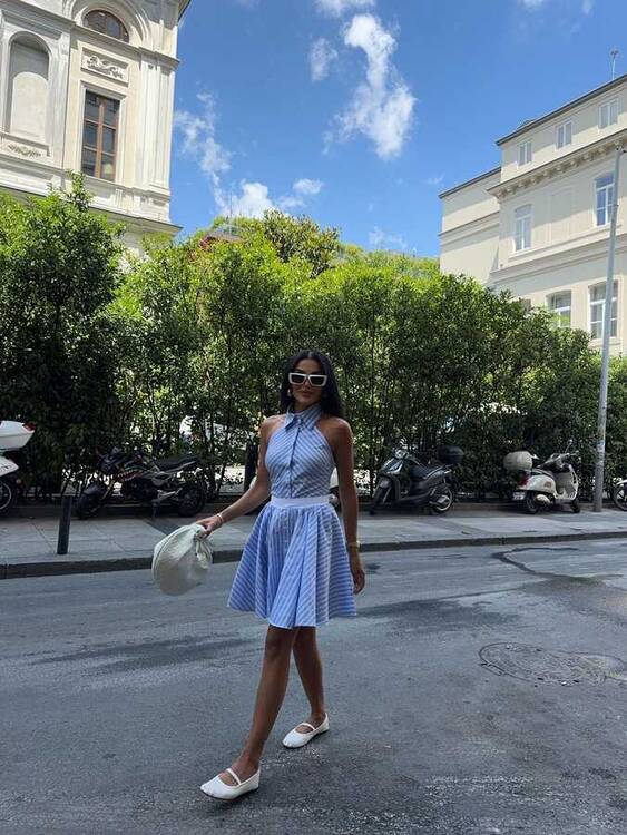 Yulia Çizgili Elbise- Mavi - 3