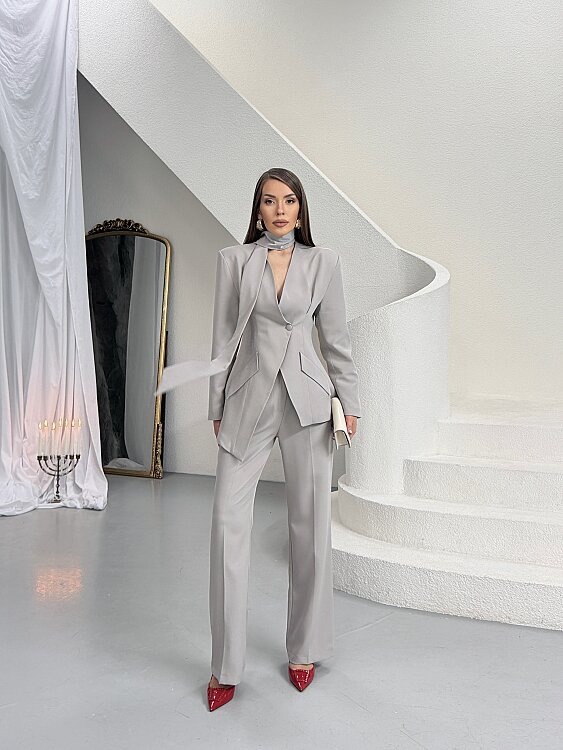 Zeni Fularlı Takım - Gri - 2