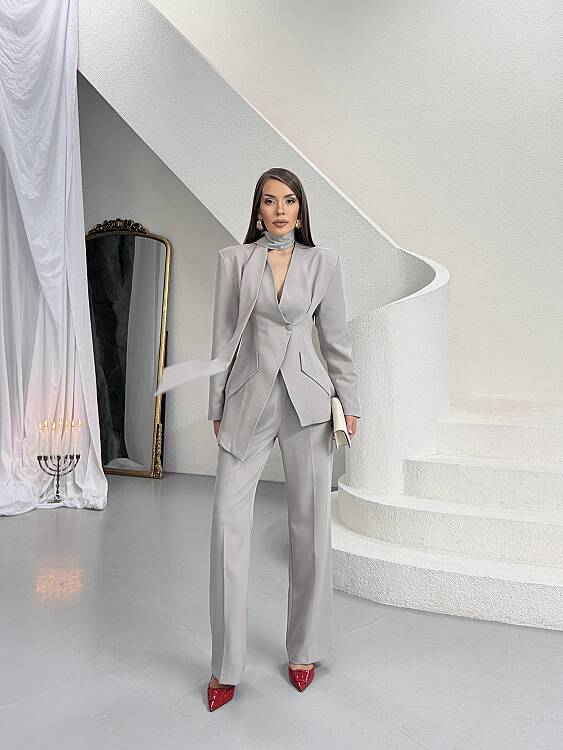 Zeni Fularlı Takım - Gri - 2