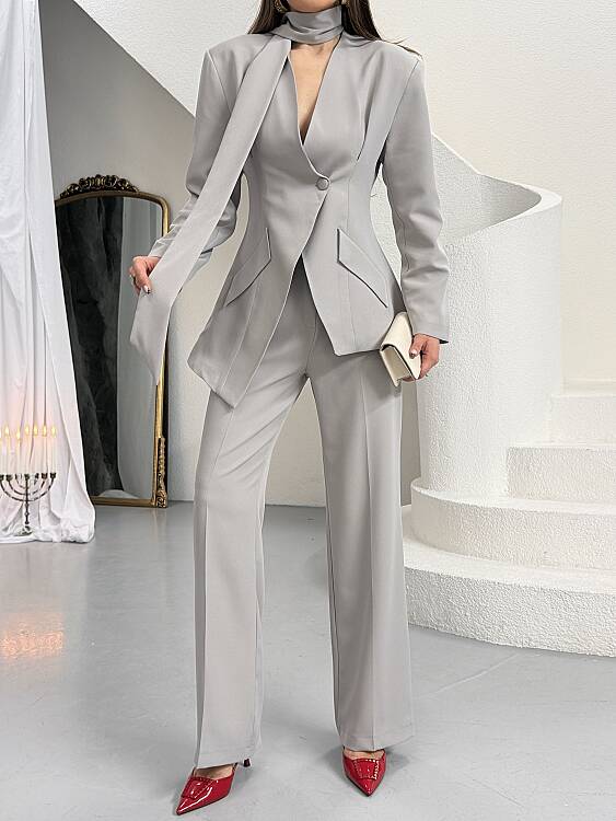 Zeni Fularlı Takım - Gri - 5